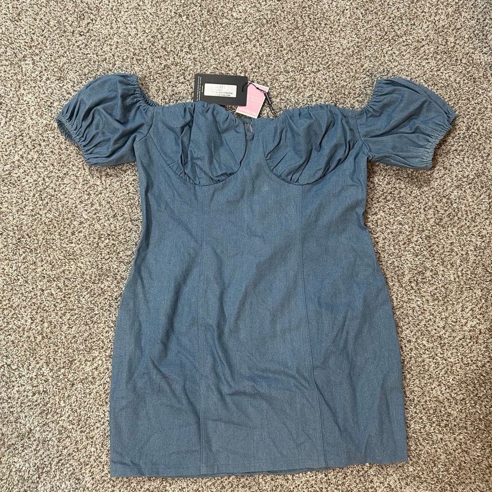 PrettyLittleThing Denim Ruched Sleeve Denim Dress